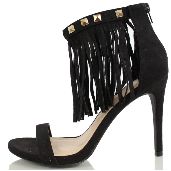 Black Open Toe Fringe Ankle Strap High Heel Sandal - Picture 2 of 4